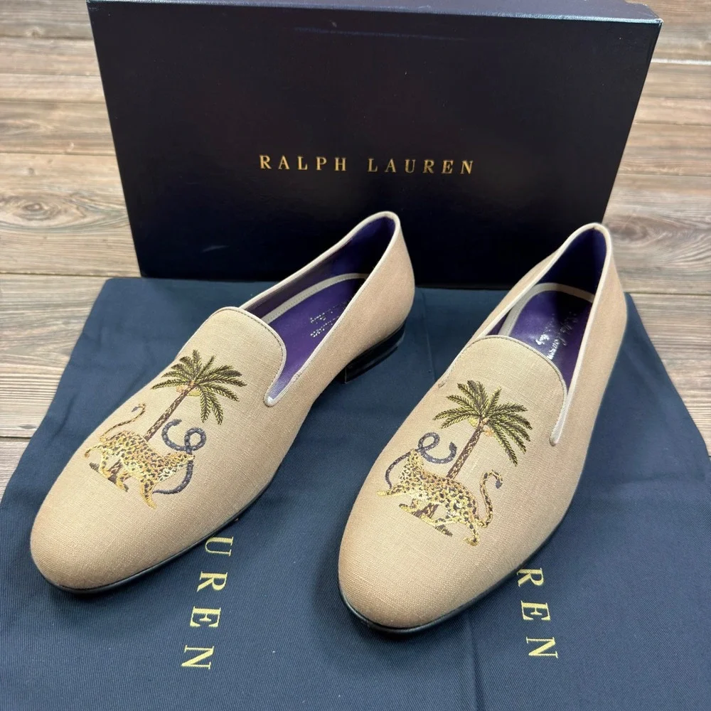 Ralph Lauren Mens 10 Alonzo Palm Jaguar Loafers Khaki Linen Embroidered Like New